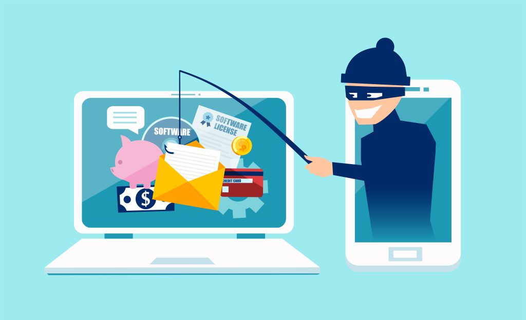Login into account in email envelope and fishing for private financial account information. Vector concept of phishing scam, hacker attack and web security