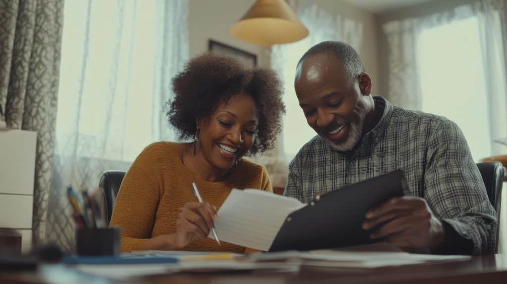 Smiling couple reviewing financial documents together at home, representing personal banking with Gibsland Bank & Trust in North Louisiana.